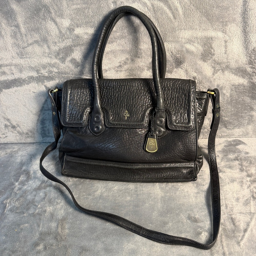 Cole Haan Black Pebbled Leather Satchel Crossbody Hand Bag Pink Lining Gold Old